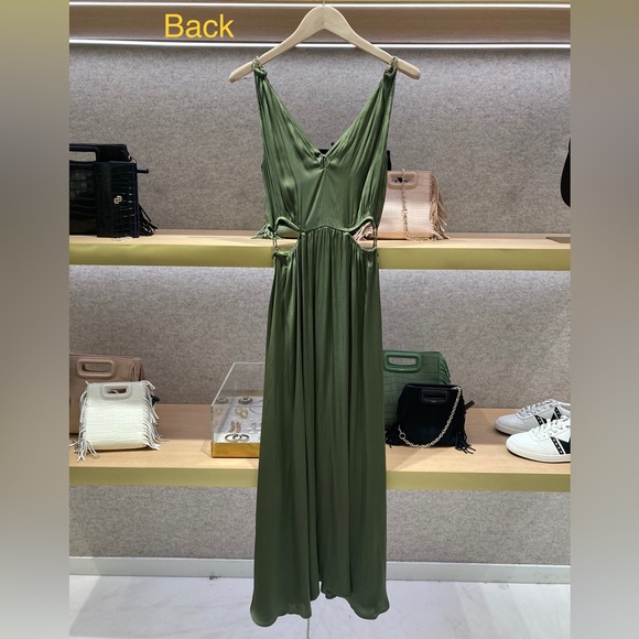 SIZE 34 MAJE KHAKI SATIN LONG STRAIGHT-CUT DRESS WITH OPENWORK AT THE WAIST 👗 - Picture 11 of 11